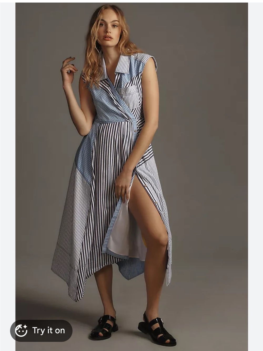 Anthropologie Pilcro Asymmetrical Button-Front Wrap Shirt Dress blue white XS